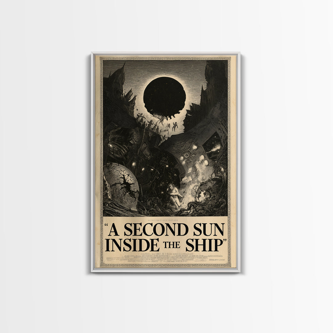 A Second Sun Inside The Ship, English Language Horror Movie Poster, Gothic Engraving Art, Classic Monster Poster, Framed Canvas Print