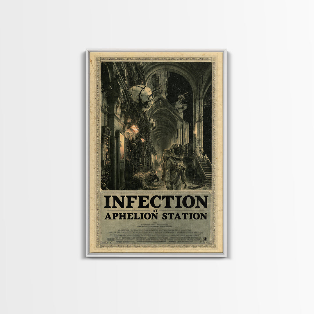 Infection At Aphelion Station, English Language Horror Movie Poster, Architectural Etching Art, Retro Horror Movie Art