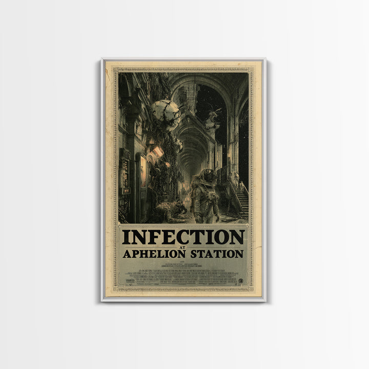 Infection At Aphelion Station, English Language Horror Movie Poster, Architectural Etching Art, Retro Horror Movie Art