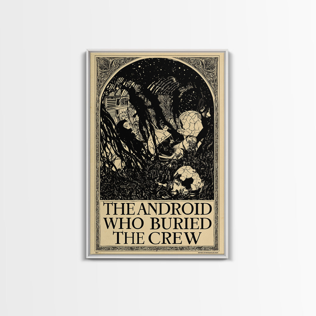 The Android Who Buried The Crew, English Language Horror Movie Poster, Decadent Line Art, Classic Monster Poster, Canvas Print