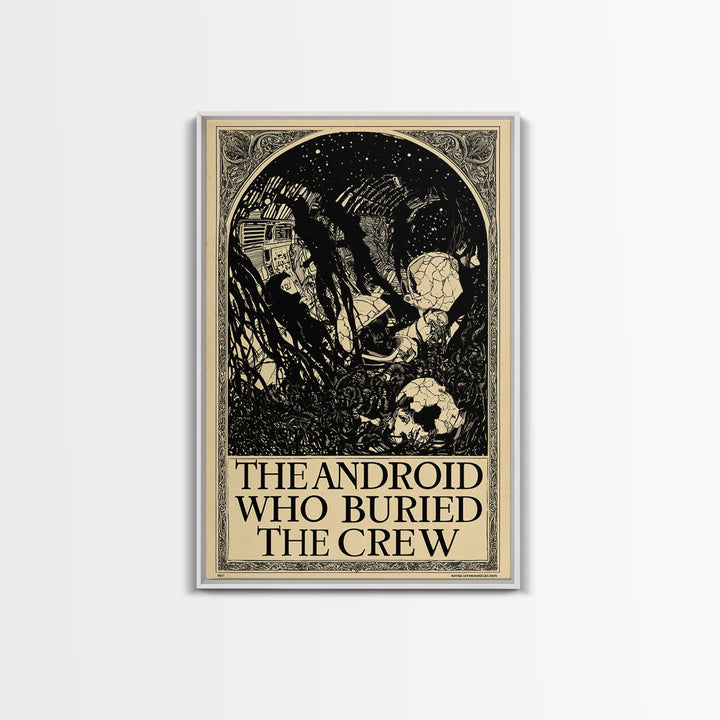 The Android Who Buried The Crew, English Language Horror Movie Poster, Decadent Line Art, Classic Monster Poster, Canvas Print