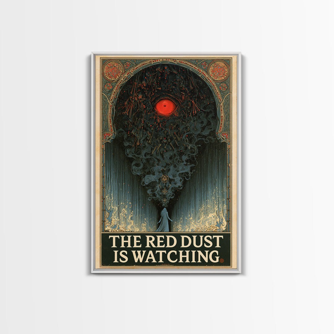 The Red Dust Is Watching, English Language Horror Movie Poster, Stained Glass Gothic Art, Retro Horror Movie Art, Framed Canvas Print