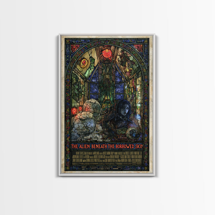 The Alien Beneath The Borrowed Skin, English Language Horror Movie Poster, Stained Glass Gothic Art, Gothic Cinema Wall Art
