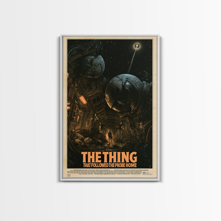 The Thing That Followed The Probe Home, English Language Horror Movie Poster, Gothic Engraving Art, Classic Monster Poster