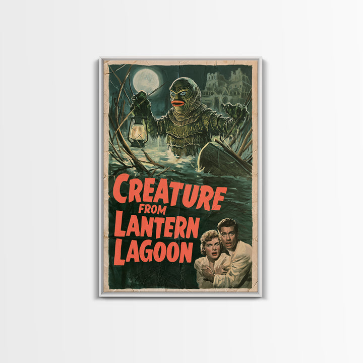 Creature From Lantern Lagoon, English Language Horror Movie Poster, 1950s Creature-Feature One-Sheet Inspired Art, Gothic Cinema Wall Art