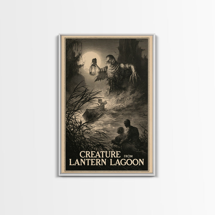 Creature From Lantern Lagoon, English Language Horror Movie Poster, Gothic Engraving Art, Gothic Cinema Wall Art, Framed Canvas Print