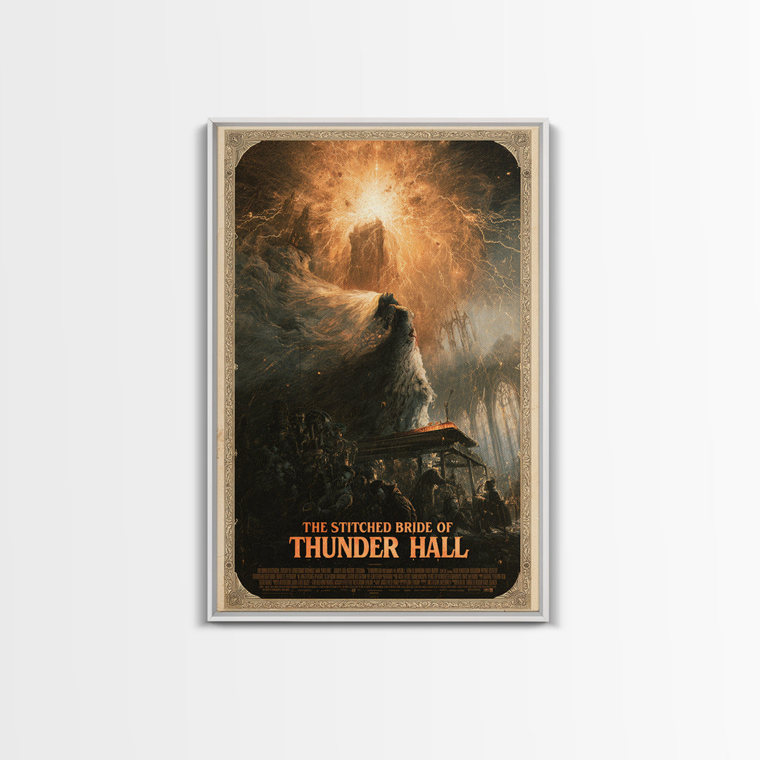 The Stitched Bride Of Thunder Hall, English Language Horror Movie Poster, Apocalyptic Romantic Art, Retro Horror Movie Art