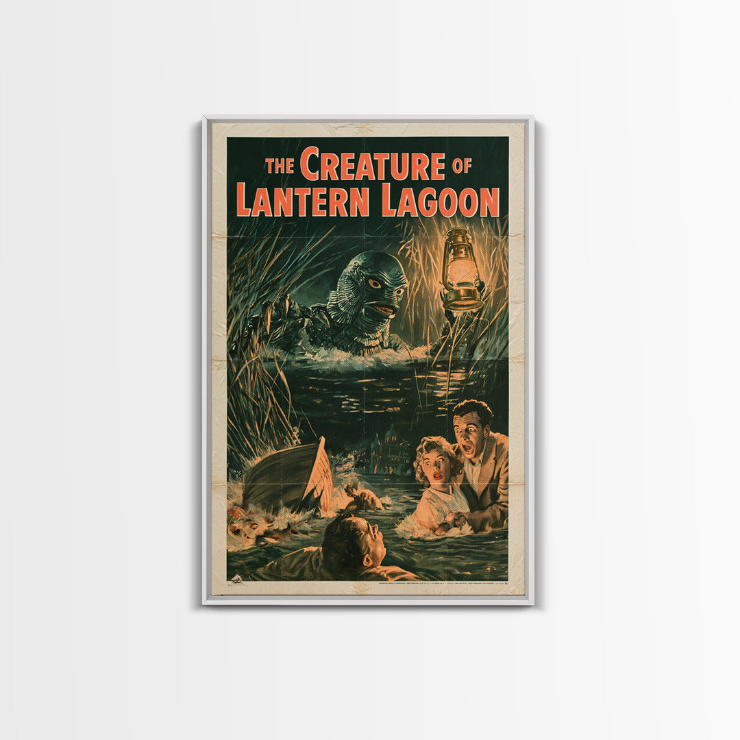 The Creature Of Lantern Lagoon, English Language Horror Movie Poster, 1950s Creature-Feature One-Sheet Inspired Art, Cult Horror Poster