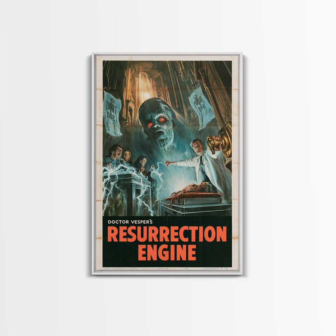 Doctor Vesper'S Resurrection Engine, English Language Horror Movie Poster, 1950s Horror Art, Classic Monster Poster, Framed Canvas Print