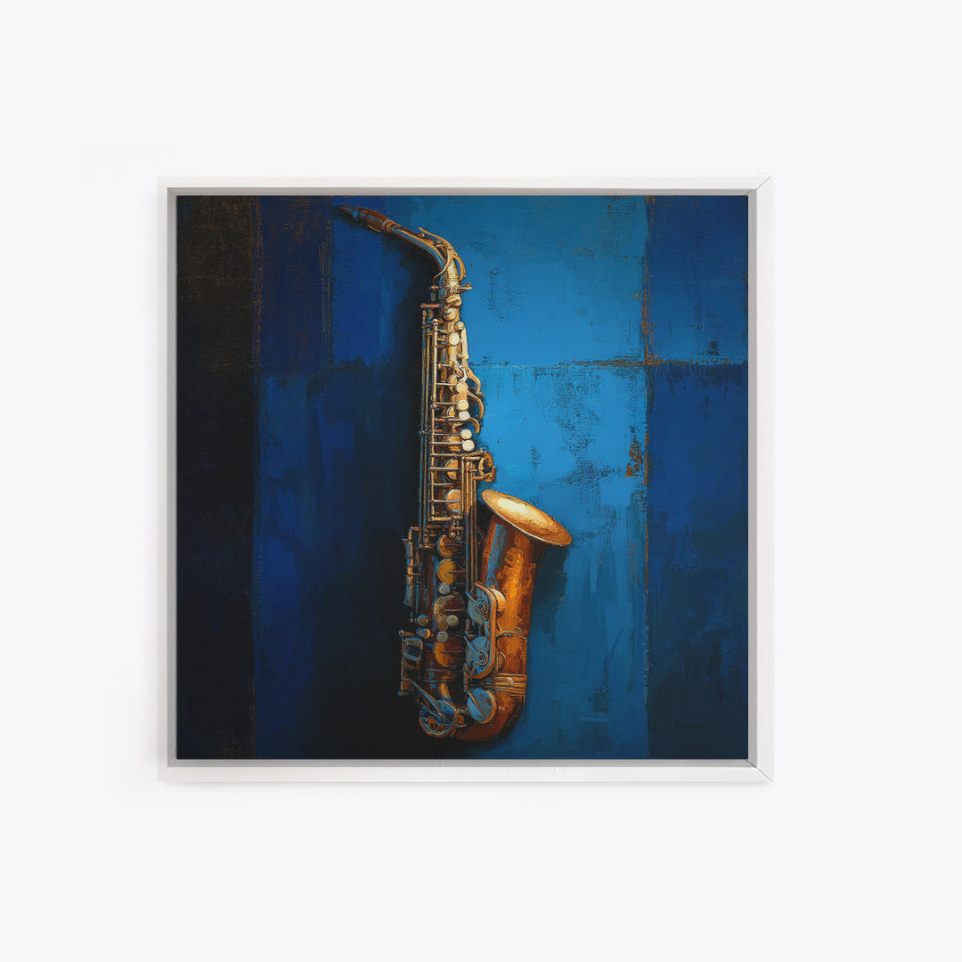 Jazz Saxophone with Smoky Blue Background Framed Canvas Print, Music Studio Art, Watercolor Print, Studio Decor, Rhythm, MSA-1x1-2