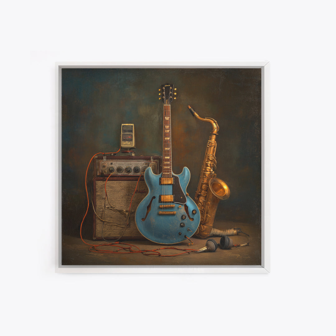 Electric Guitar Pedals and Cables Graphic Art Framed Canvas Print, Music Studio Art, Teen Room Decor, Studio Decor, Rhythm, MSA-1x1-21