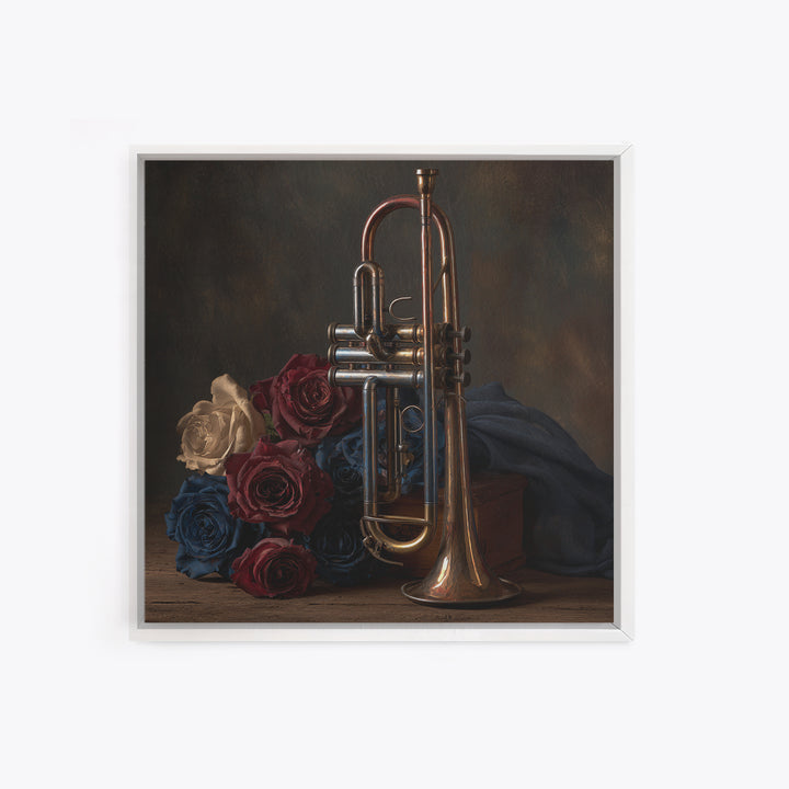 Trumpet and Roses Framed Canvas Print, Music Studio Art, Gallery Decor, Studio Decor, Fine Art, Rhythm, Contemporary Art, MSA-1x1-32