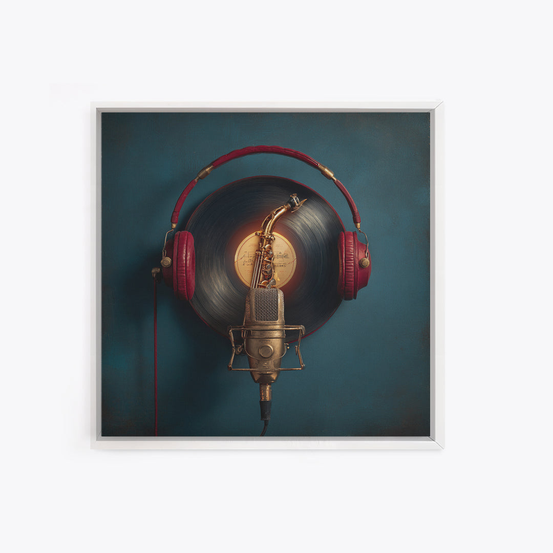 Headphones Around a Glowing Record Canvas Print, Music Studio Art, Music Posters, Studio Decor, Fine Art, Rhythm, Music Lover, MSA-1x1-35