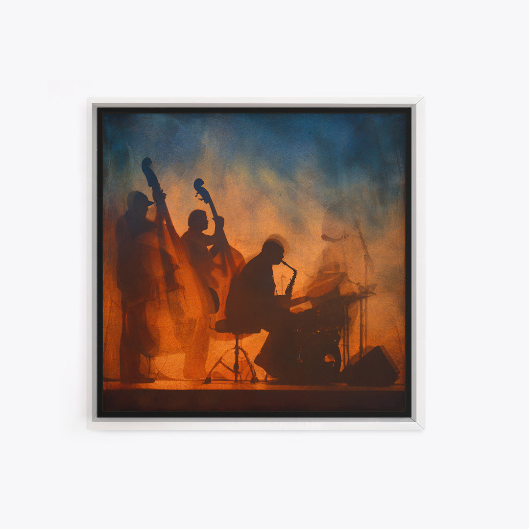 Jazz Quartet Silhouettes Framed Canvas Print, Music Studio Art, Travel Wall Art, Studio Decor, Fine Art, Rhythm, Boho Decor, MSA-1x1-46