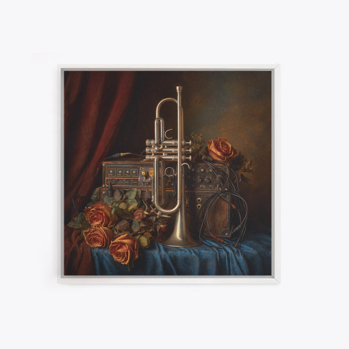 Trumpet and Roses Framed Canvas Print, Music Studio Art, Modern Wall Art, Studio Decor, Rhythm, Boho Art, Travel Wall Art, MSA-1x1-56