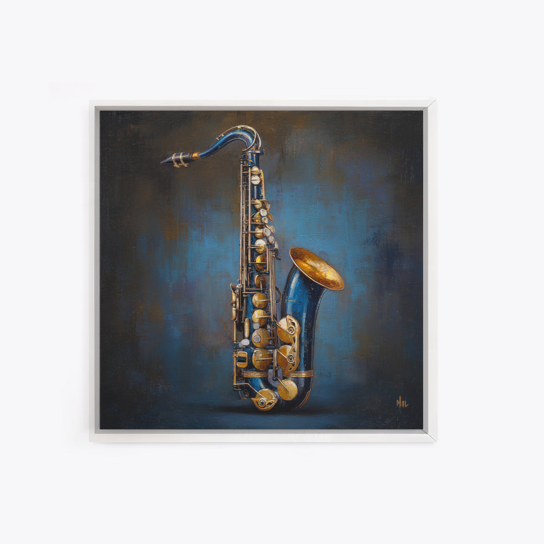 Jazz Saxophone with Smoky Blue Background Framed Canvas Print, Music Studio Art, Music Lover, Studio Decor, Fine Art, Rhythm, MSA-1x1-74