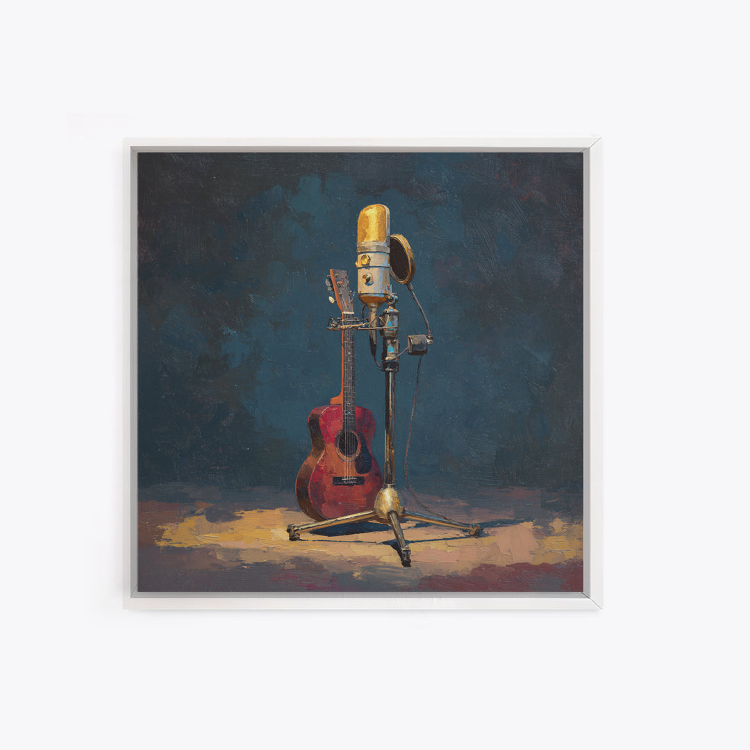 Microphone Portrait with Golden Spotlight Framed Canvas Print, Music Studio Art, Fine Art Print, Studio Decor, Fine Art, Rhythm, MSA-1x1-79