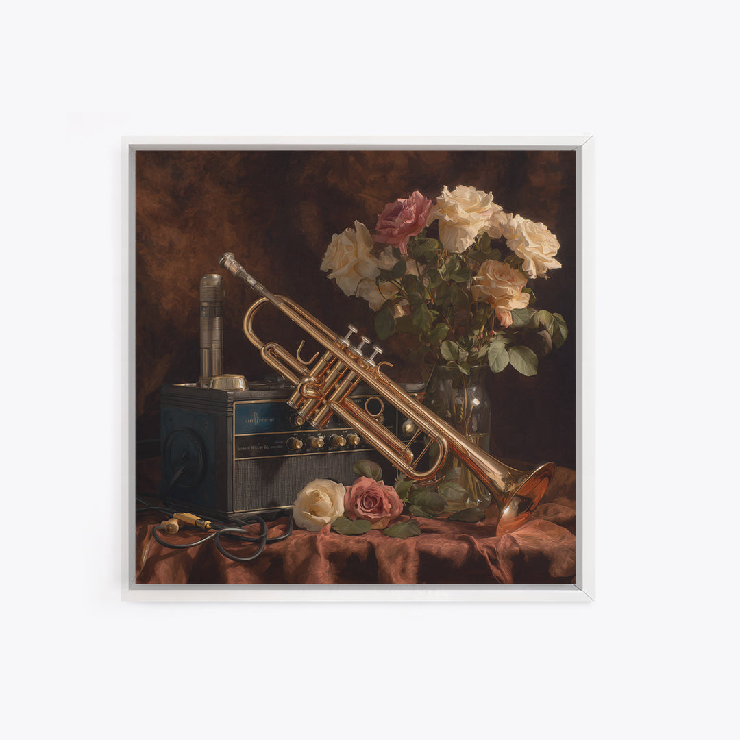 Trumpet and Roses Framed Canvas Print, Music Studio Art, Printable Art, Studio Decor, Rhythm, Music Art, Man Cave Decor, MSA-1x1-8