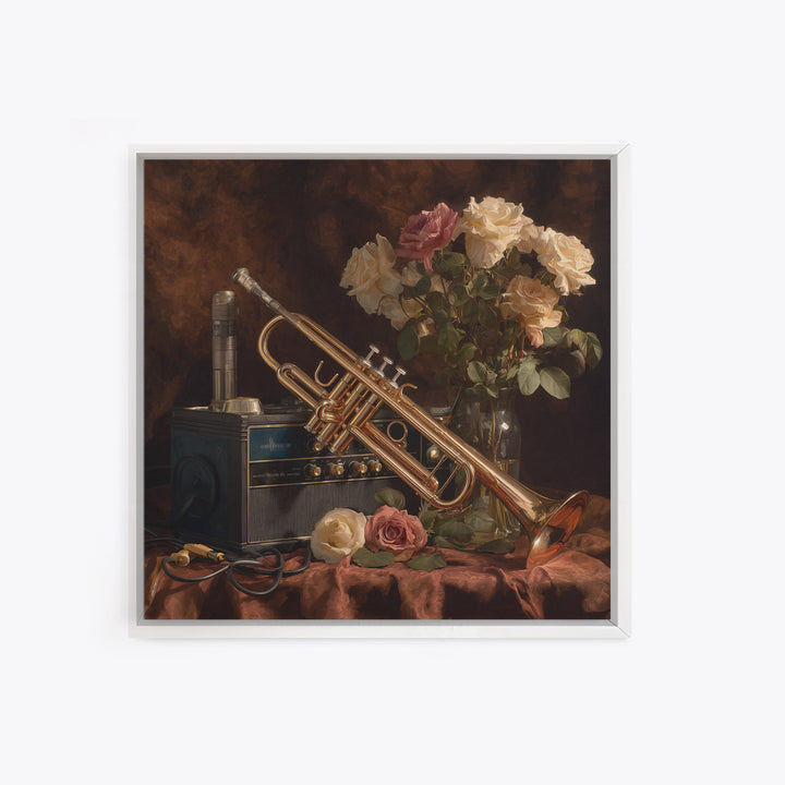 Trumpet and Roses Framed Canvas Print, Music Studio Art, Printable Art, Studio Decor, Rhythm, Music Art, Man Cave Decor, MSA-1x1-8