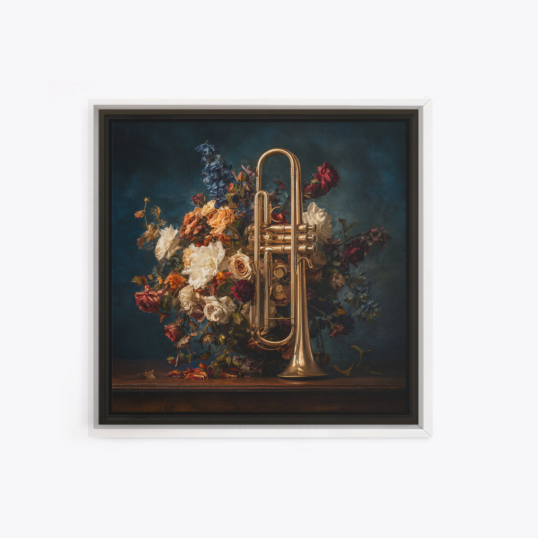 Trumpet and Roses Framed Canvas Print, Music Studio Art, Modern Decor, Studio Decor, Fine Art, Rhythm, Home Decor, Wall Decor, MSA-1x1-80