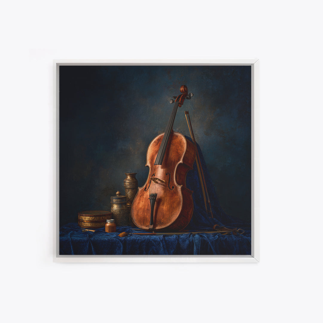 Cello Leaning Against Dark Velvet Backdrop Canvas Print, Music Studio Art, Textured Painting, Studio Decor, Fine Art, Rhythm, MSA-1x1-81