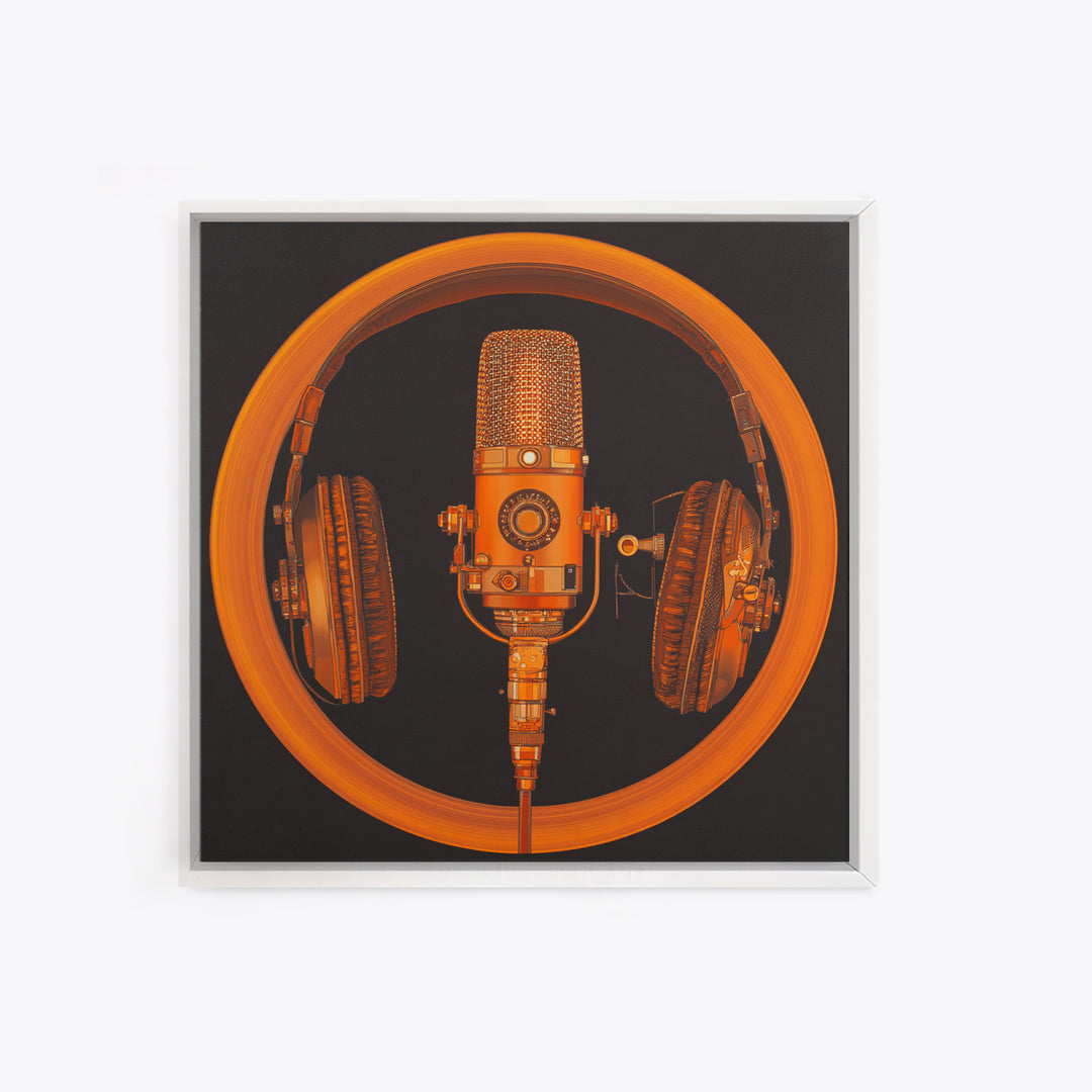 Headphones Around a Glowing Record Framed Canvas Print, Music Studio Art, Statement Artwork, Studio Decor, Fine Art, Rhythm, MSA-1x1-83