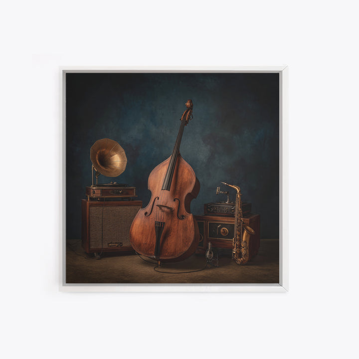 Cello Leaning Against Dark Velvet Backdrop Canvas Print, Music Studio Art, Gifts for Musicians, Studio Decor, Fine Art, Rhythm, MSA-1x1-9