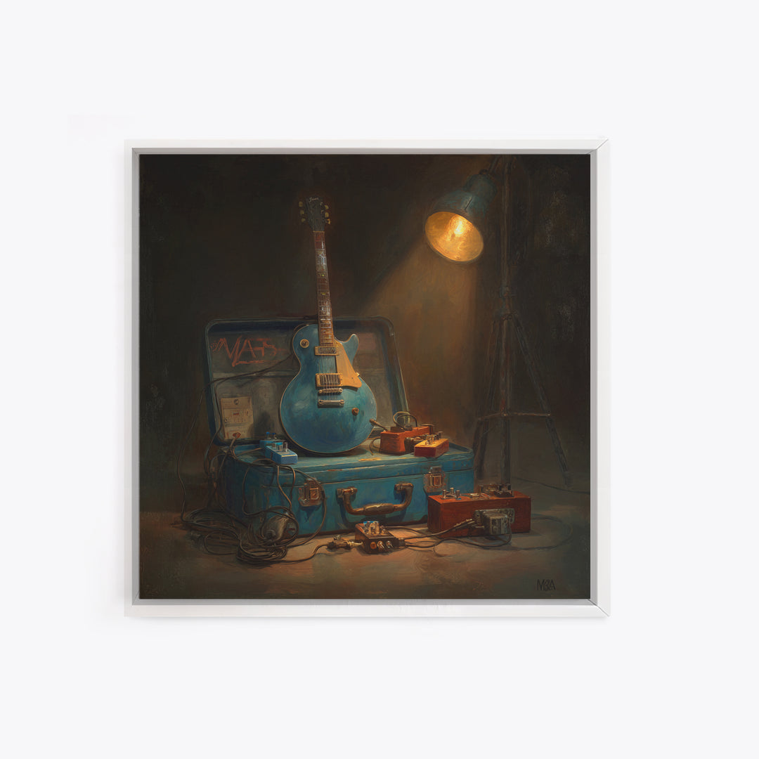 Electric Guitar Pedals and Cables Graphic Art Framed Canvas Print, Music Studio Art, Luxury Decor, Studio Decor, Oil Painting, MSA-1x1-93