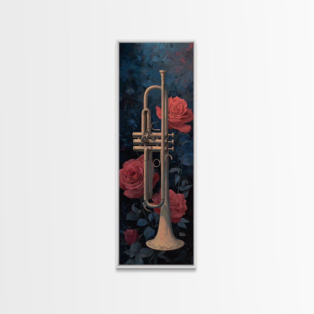 Trumpet and Roses Framed Canvas Print, Music Studio Art, Luxury Decor, Studio Decor, Fine Art, Rhythm, Art Commission, MSA-1x3-20