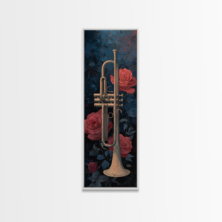 Trumpet and Roses Framed Canvas Print, Music Studio Art, Luxury Decor, Studio Decor, Fine Art, Rhythm, Art Commission, MSA-1x3-20