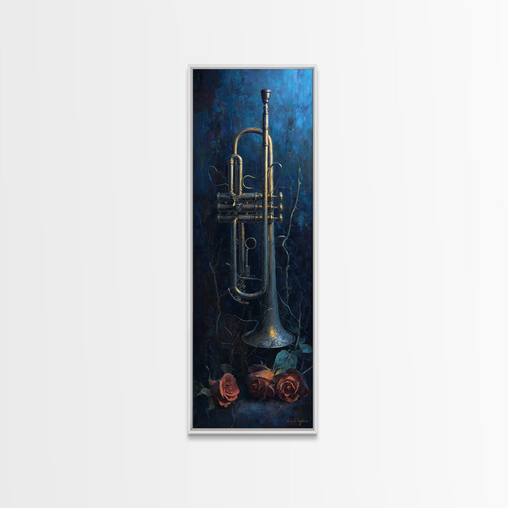 Trumpet and Roses Canvas Print, Music Studio Art, Contemporary Art, Studio Decor, Rhythm, Music Poster, Trendy Wall Art, MSA-1x3-44