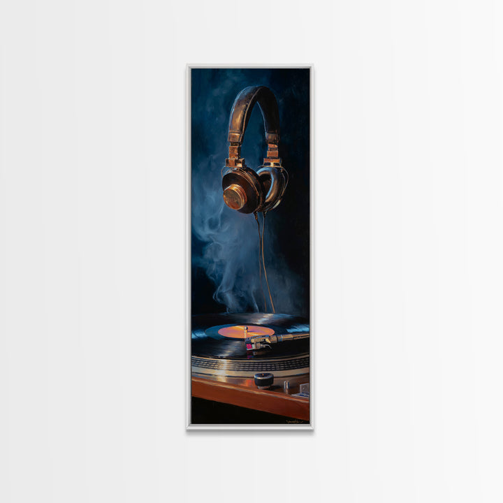 Headphones Around a Glowing Record Framed Canvas Print, Music Studio Art, Custom Painting, Studio Decor, Fine Art, Rhythm, MSA-1x3-47