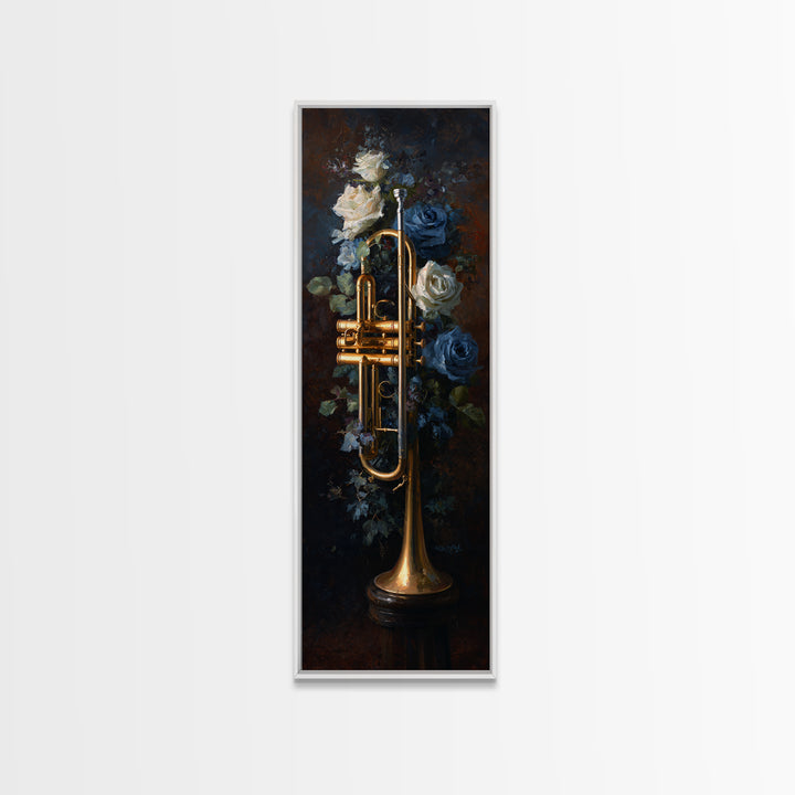 Trumpet and Roses Canvas Print, Music Studio Art, Scripture Wall Art, Studio Decor, Fine Art, Rhythm, Travel Wall Art, MSA-1x3-68