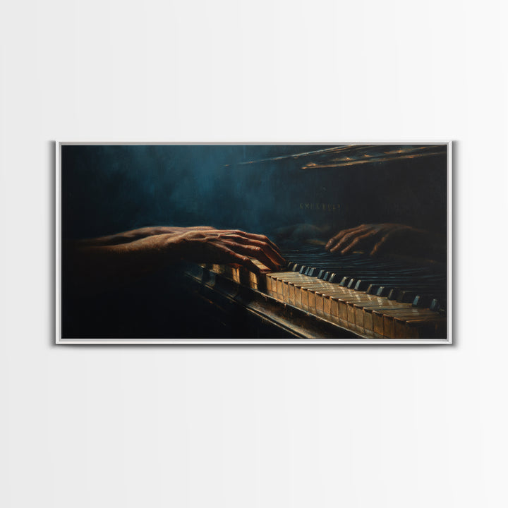 Piano Keys with Hands in Cinematic Shadow Framed Canvas Print, Music Studio Art, Home Decor, Studio Decor, Fine Art, Rhythm, MSA-2x1-25