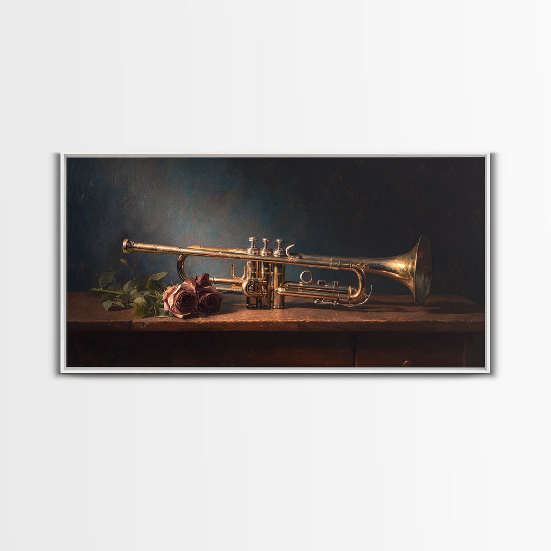 Trumpet and Roses Framed Canvas Print, Music Studio Art, Minimalist Decor, Studio Decor, Fine Art, Rhythm, Scripture Wall Art, MSA-2x1-28