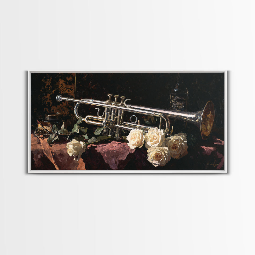 Trumpet and Roses Canvas Print, Music Studio Art, Printable Wall Art, Studio Decor, Fine Art, Rhythm, Painting from Photo, MSA-2x1-52