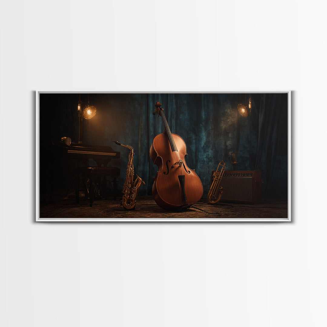 Cello Leaning Against Dark Velvet Backdrop Canvas Print, Music Studio Art, Printable Art, Studio Decor, Oil Painting, Rhythm, MSA-2x1-53