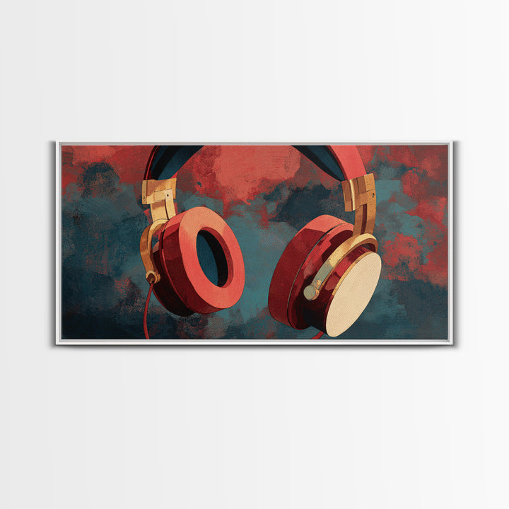 Headphones Around a Glowing Record Framed Canvas Print, Music Studio Art, Wall Decor, Studio Decor, Fine Art, Rhythm, MSA-2x1-7