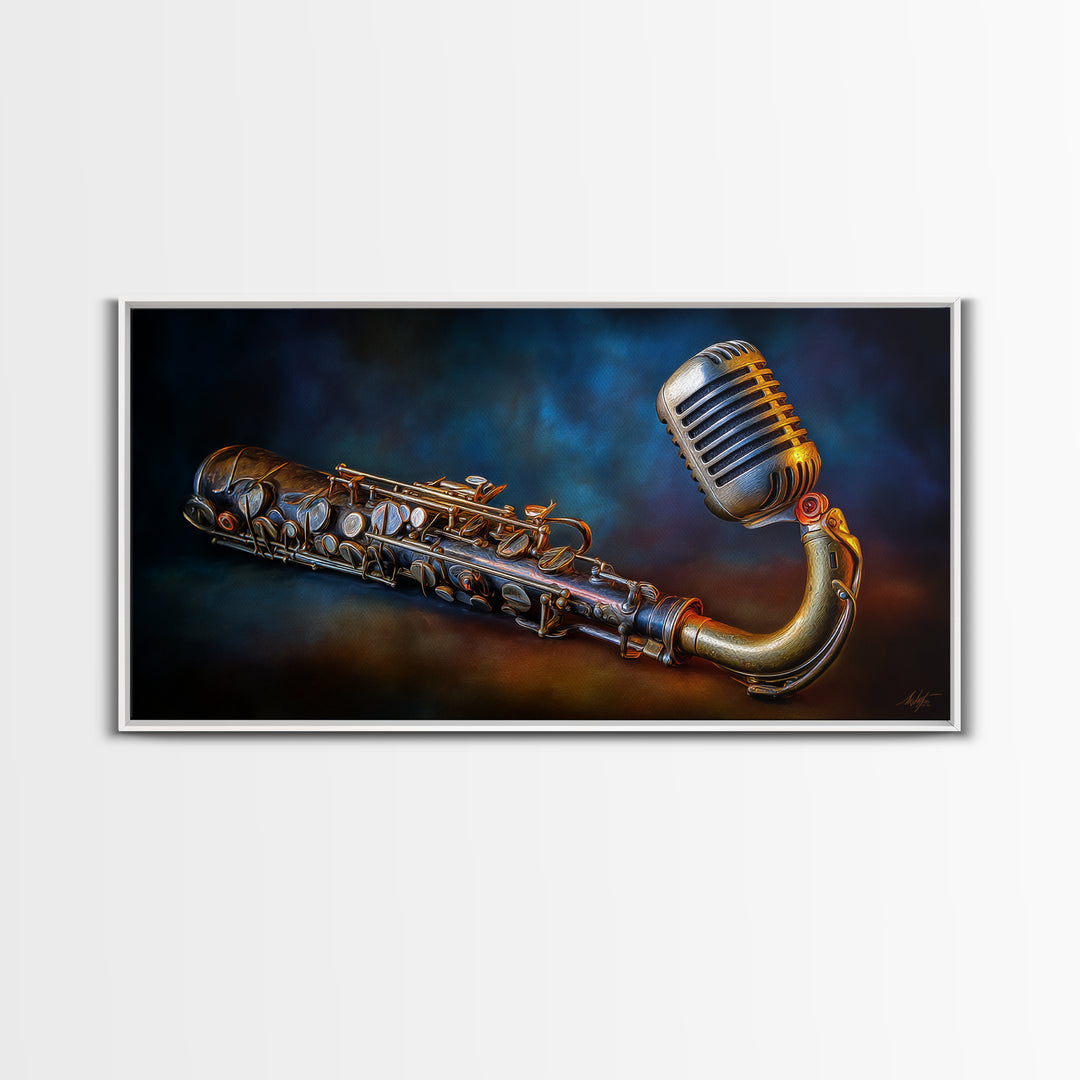 Microphone Portrait with Golden Spotlight Framed Canvas Print, Music Studio Art, Boho Decor, Studio Decor, Oil Painting, Rhythm, MSA-2x1-75