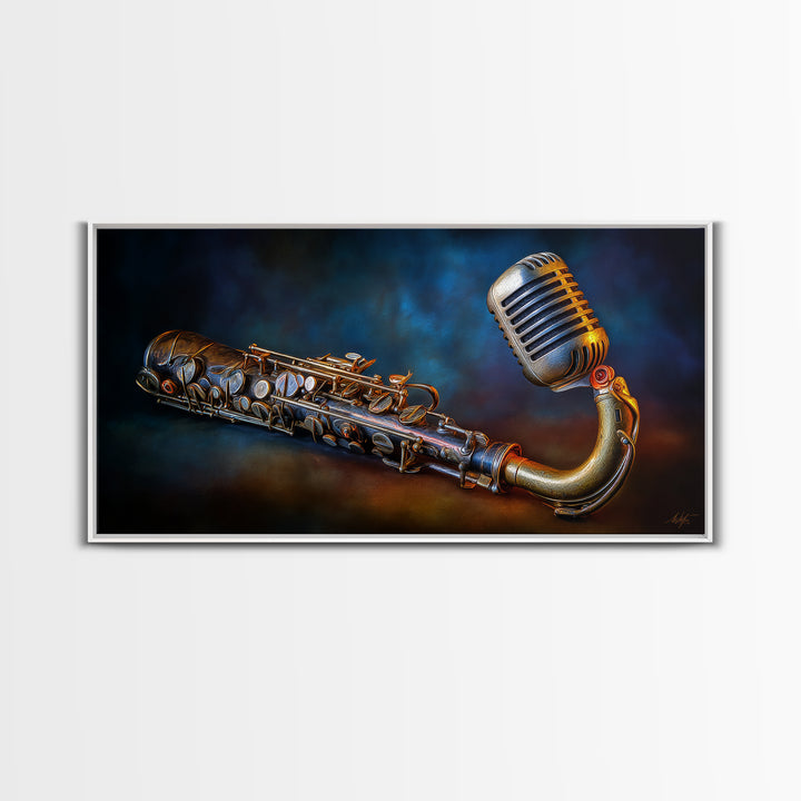 Microphone Portrait with Golden Spotlight Framed Canvas Print, Music Studio Art, Boho Decor, Studio Decor, Oil Painting, Rhythm, MSA-2x1-75