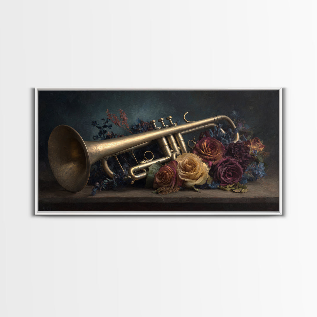 Trumpet and Roses Canvas Print, Music Studio Art, Digital Download Art, Studio Decor, Fine Art, Rhythm, Music Lover Gift, MSA-2x1-76