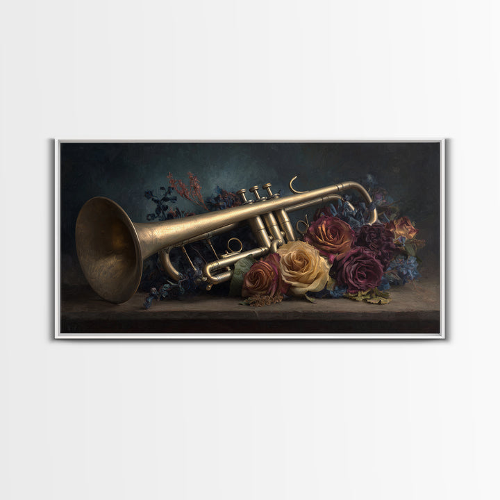 Trumpet and Roses Canvas Print, Music Studio Art, Digital Download Art, Studio Decor, Fine Art, Rhythm, Music Lover Gift, MSA-2x1-76