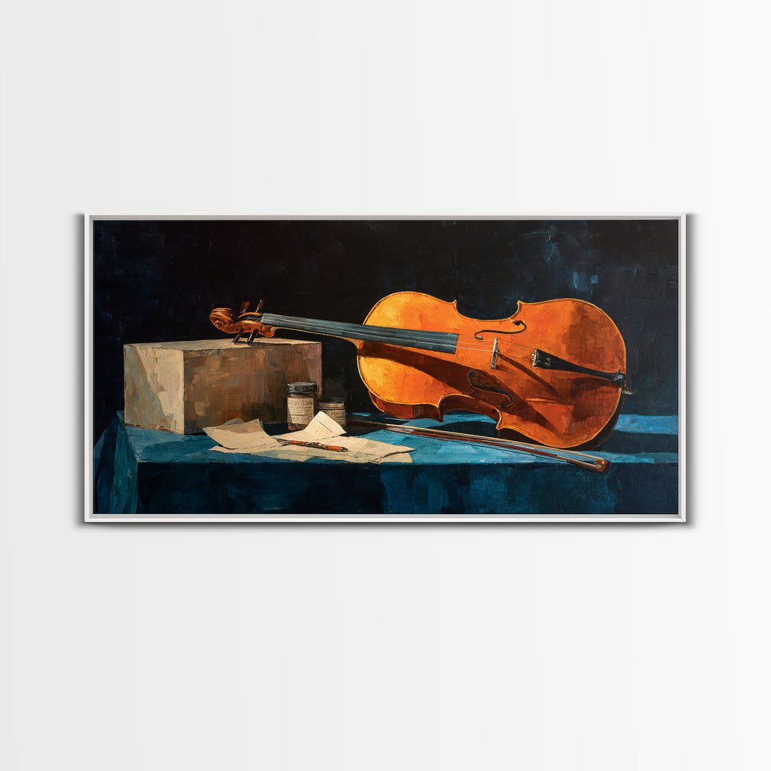 Cello Leaning Against Dark Velvet Backdrop Canvas Print, Music Studio Art, Printable Art, Studio Decor, Oil Painting, Rhythm, MSA-2x1-77