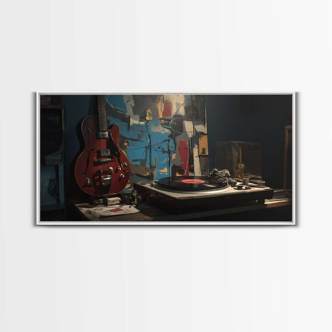 Vinyl Record and Turntable Still Life Framed Canvas Print, Music Studio Art, Gifts for Musicians, Studio Decor, Rhythm, MSA-2x1-95