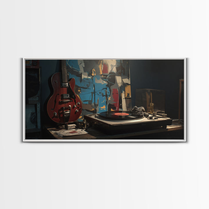 Vinyl Record and Turntable Still Life Framed Canvas Print, Music Studio Art, Gifts for Musicians, Studio Decor, Rhythm, MSA-2x1-95