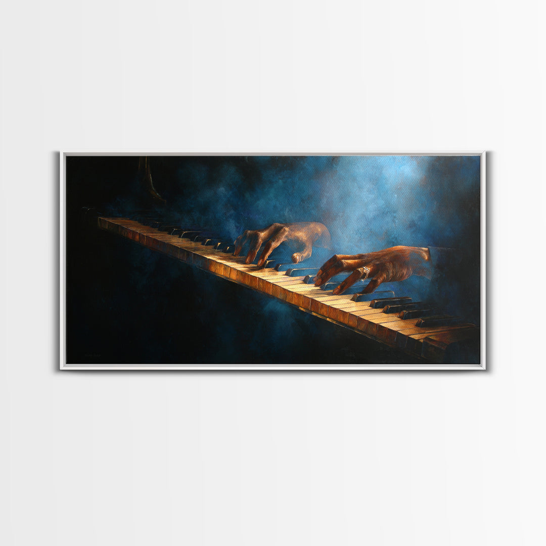 Piano Keys with Hands in Cinematic Shadow Framed Canvas Print, Music Studio Art, Trendy Wall Art, Studio Decor, Rhythm, MSA-2x1-97