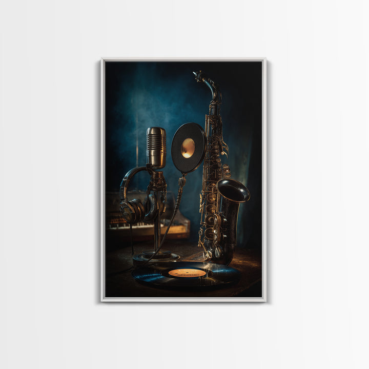 Headphones Around a Glowing Record Framed Canvas Print, Music Studio Art, Neutral Decor, Studio Decor, Fine Art, Rhythm, MSA-2x3-19