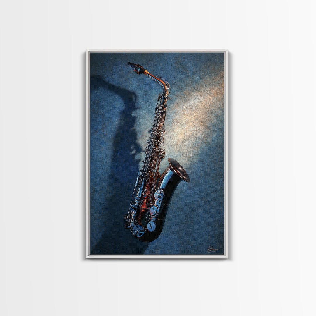 Jazz Saxophone with Smoky Blue Background Framed Canvas Print, Music Studio Art, Contemporary Art, Studio Decor, Rhythm, MSA-2x3-34