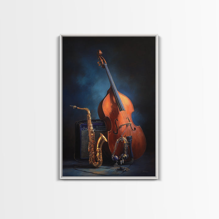 Cello Leaning Against Dark Velvet Backdrop Framed Canvas Print, Music Studio Art, Studio Decor, Abstract Art, Rhythm, MSA-2x3-41