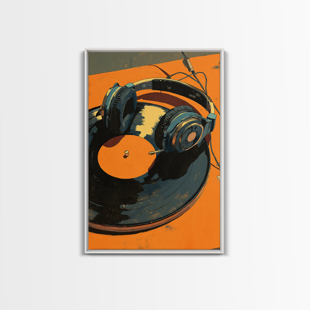 Headphones Around a Glowing Record Framed Canvas Print, Music Studio Art, Contemporary Art, Studio Decor, Fine Art, Rhythm, MSA-2x3-43